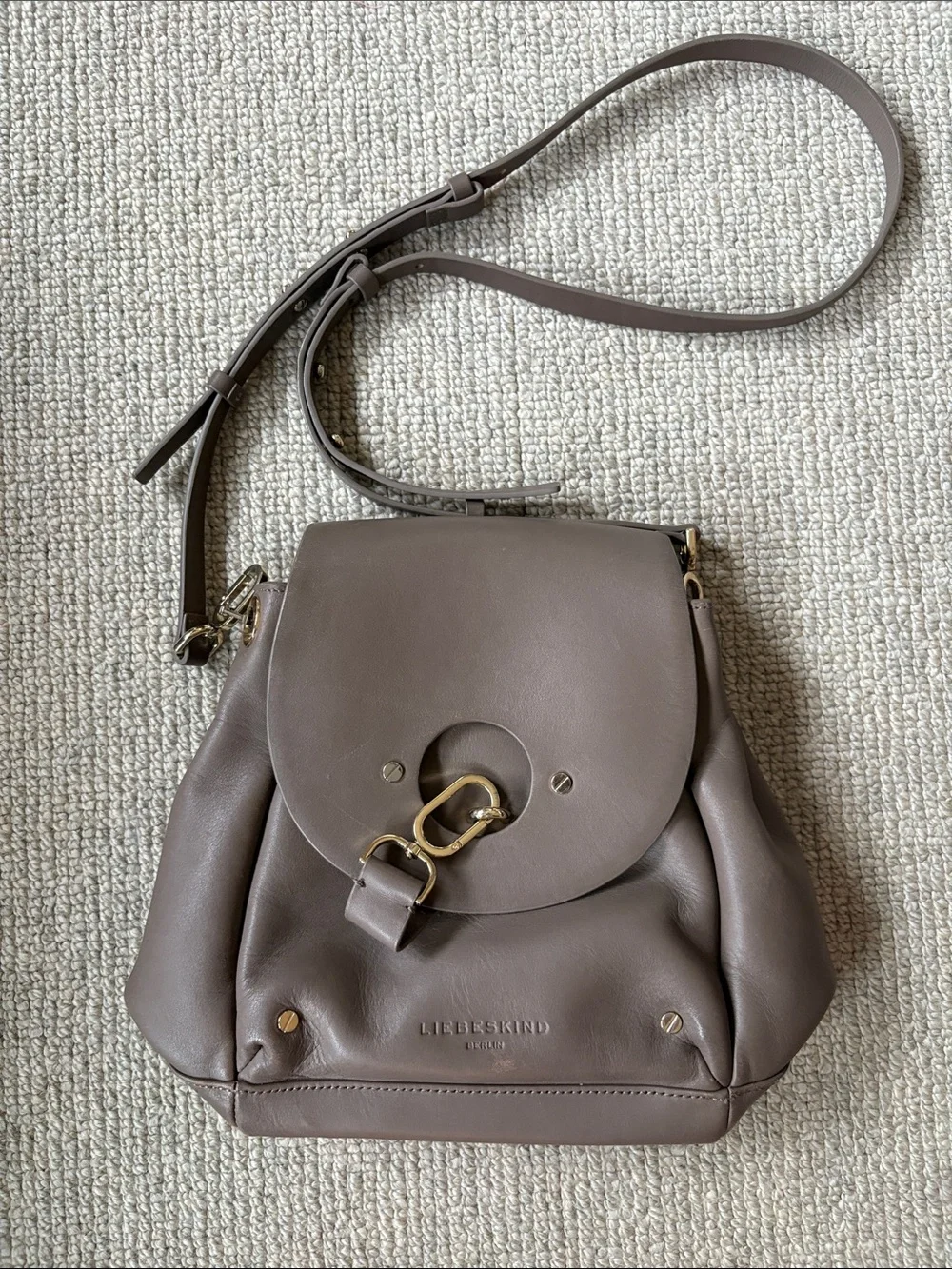 Liebeskind Taupe Brown Leather Crossbody Bag with Gold Hardware Lobster Clasp